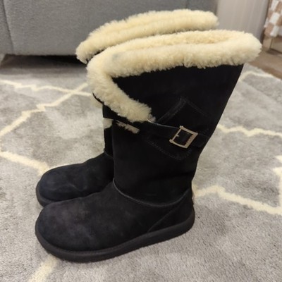 UGG Messenger Boots Women's 7 Black Suede Shearling Lined 5358 Tall Buckle Warm