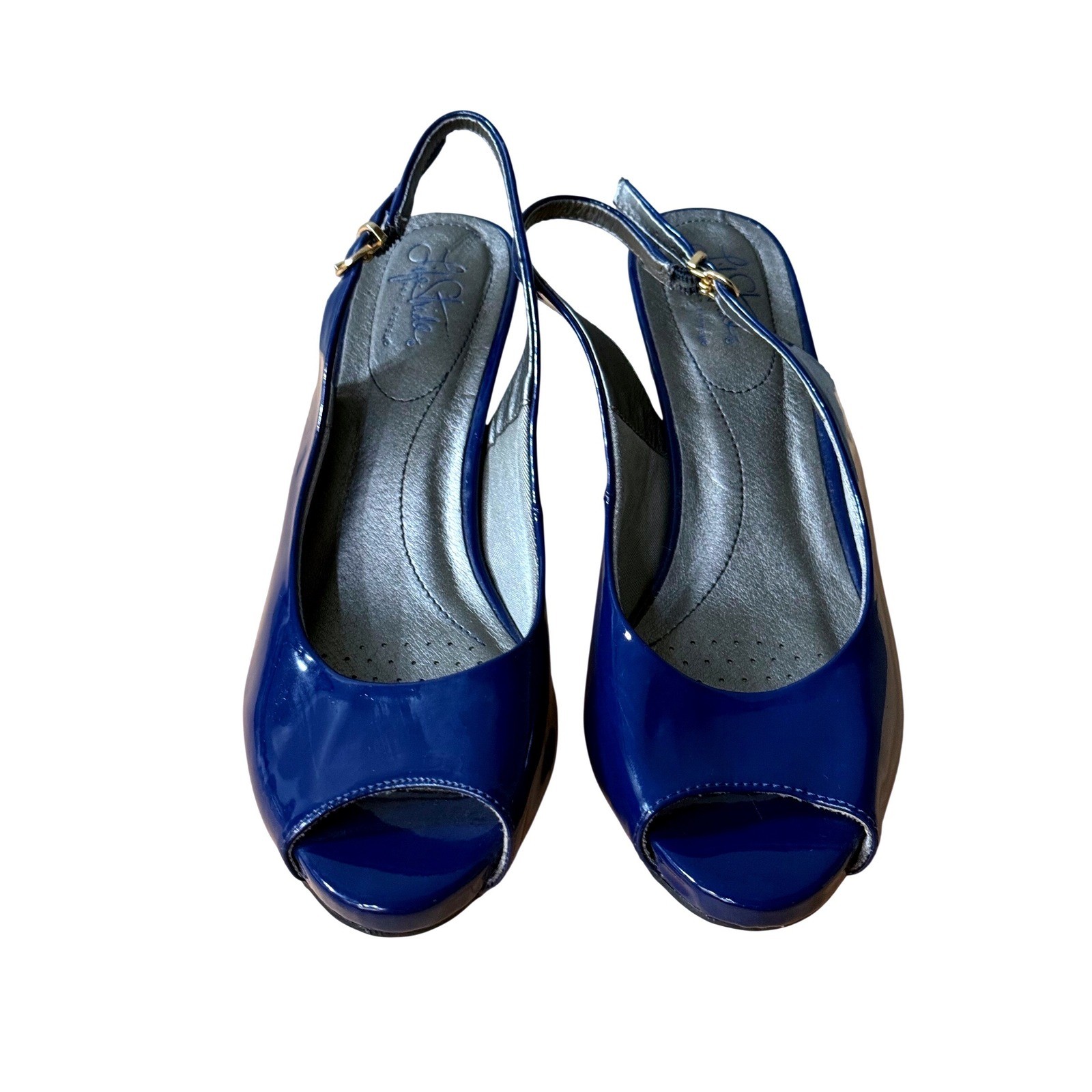 LifeStride Soft Royal Blue Patent Peep Toe Slingback Heels Pumps Women's 9.5