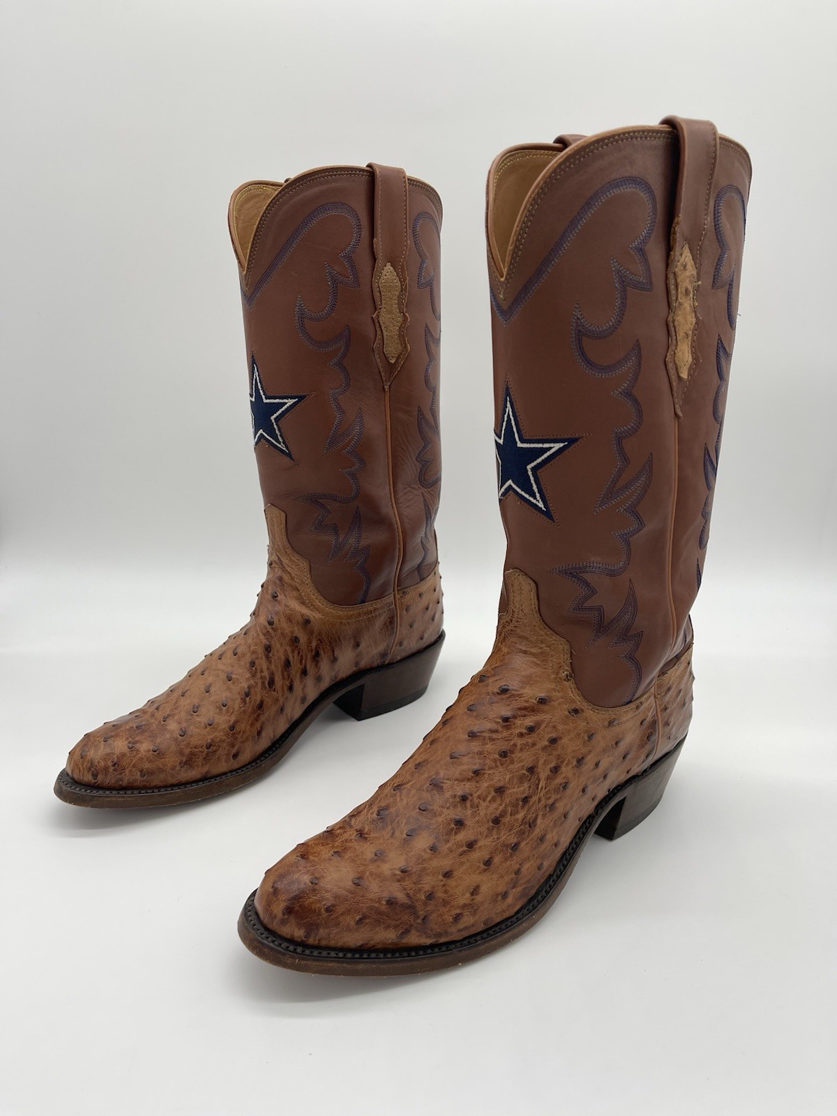 Lucchese X Dallas Cowboys Full Quill Ostrich Boots RARE Blue Star Leather 8.5D