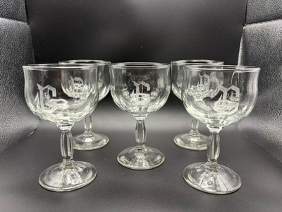 Vintage Etched Crystal Goblets with  G  Monogram - Set of Five Elegant Glasses