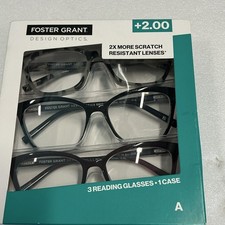 Foster Grant Design Optics 2.00 Rectangular Black Reading Glasses 3-Pack w/Case