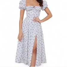 House of CB Tallulah Blue White Floral Midi Dress with Puff Sleeves. M