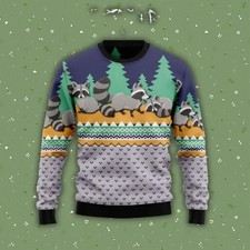 Ugly Christmas Sweater Cute Raccoon Forest Pattern Holiday Unisex Pullover S  5XL