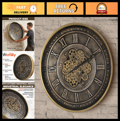 24'' Antique Bronze Industrial Steampunk Wall Clock - Oversized Metal Gear, Silen