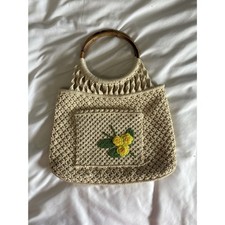 Vintage Crochet Floral Bamboo Handle Handbag Cottagecore Boho Knit Purse