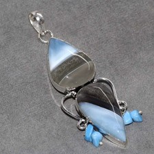 Ciondolo Perline Owhyee Opale Blu Calcedonio Argento 925 Placcato 2,9" Trendy GW