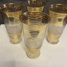 MCM Gold Banded Frosted Horizonal Stripe Liqueur Juice Glasses Set Of 4