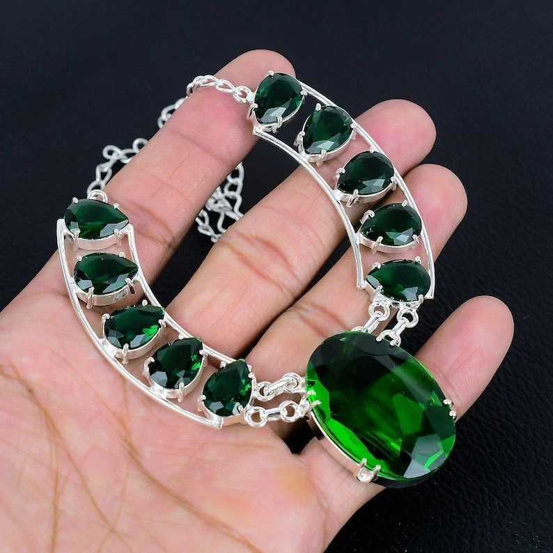 Chrome Diopside Gemstone Handmade 925 Sterling Silver Jewelry Necklace Sz-17-18" - Image 3 of 4