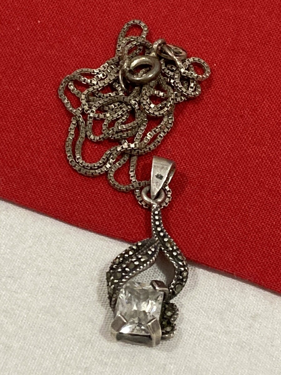 Vintage 925 Sterling Silver Marcasite CZ Pendant Marsala Box 18” Necklace