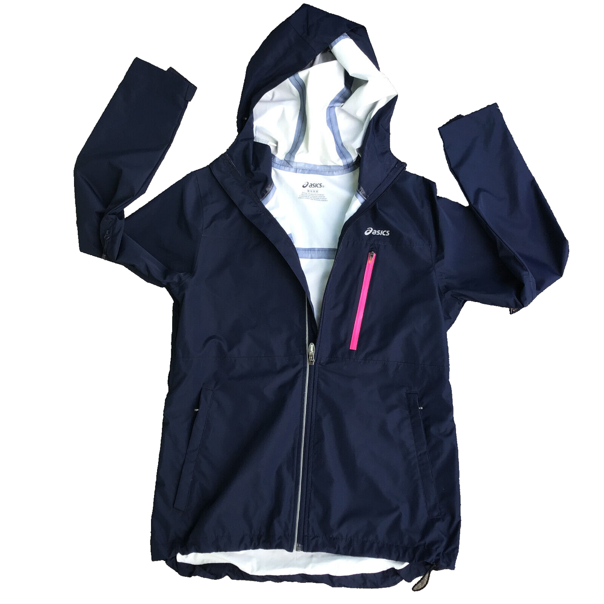 ASICS Jacket Women Medium Navy Blue Hooded Lightweight Windbreaker