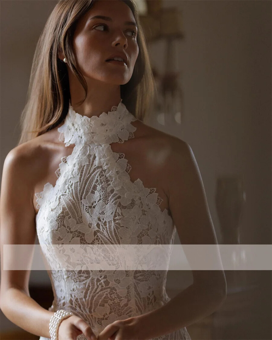 Halter Neck Sleeveless Lace Mermaid Wedding Dress Backless Zipper Bridal  Gowns | eBay
