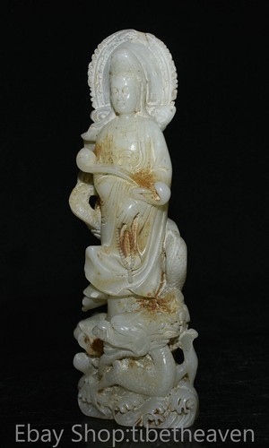 8.8” Old Chinese White Jade Carving FengShui Kwan-yin Goddess Dragon Statue - Picture 7 of 10