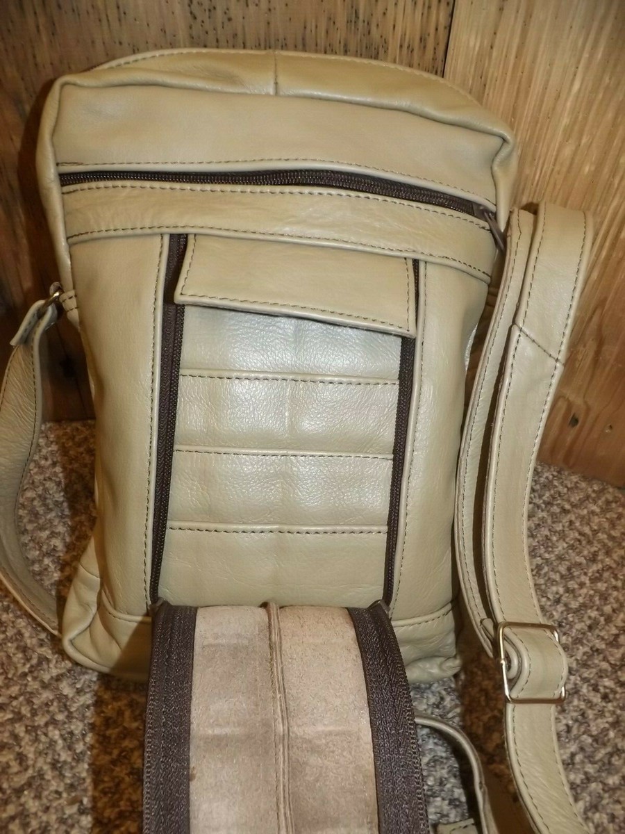 NEW Beige Leather Crossbody Messenger Unisex Five Pocket