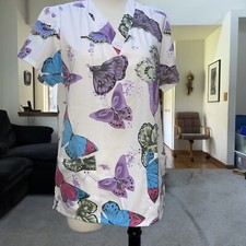 Denice Scrub Multicolor V Neck 2 Pocket Butterfly Print Size XS