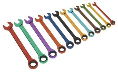 Sealey Ratchet Combination Spanner Set 12pc Multi-Coloured Metric S01075