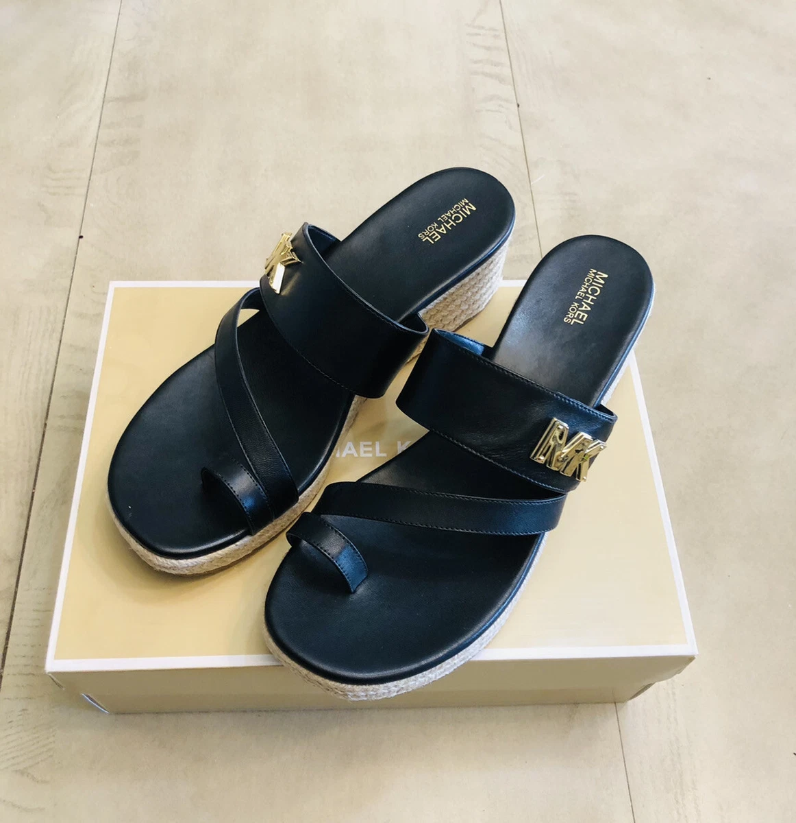 Michael Kors Sidney Espadrille Wedge Sandal Black Size US 7.5 M