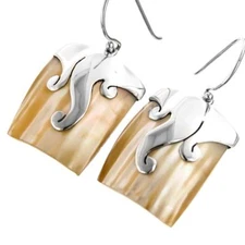 925 Sterling Silver Square Gold Mother Of Pearl Turbo Shell Earrings, 7/8"