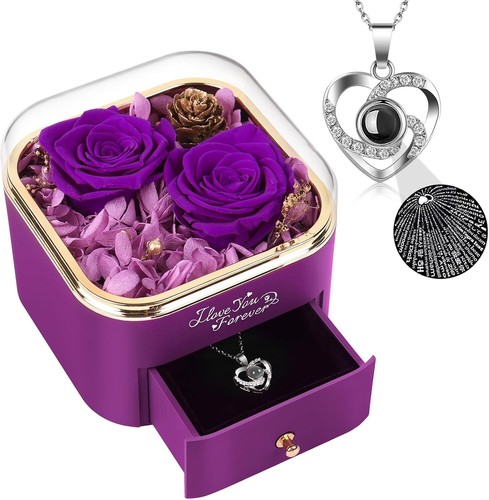 Mothers Day Flower Gifts for Mom, Preserved Real Purple Rose with Heart Necklace