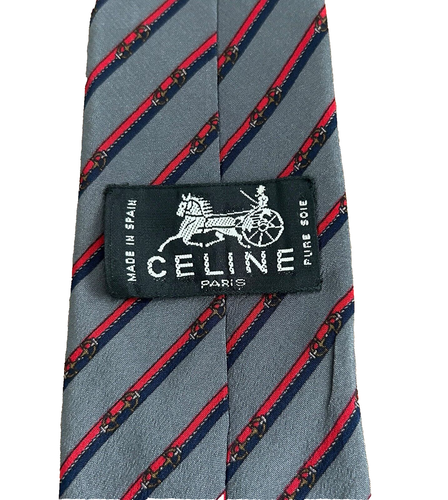 Vintage Authentic Celine Paris 100% Silk Equestrian Horse bit Striped Neck Tie