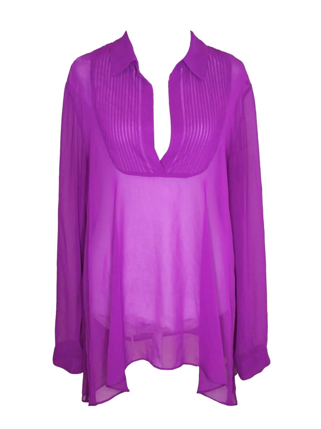 FREE PEOPLE XS Tunic Top Fuchsia Pink Purple Semi Sheer Pleated Collared V Neck