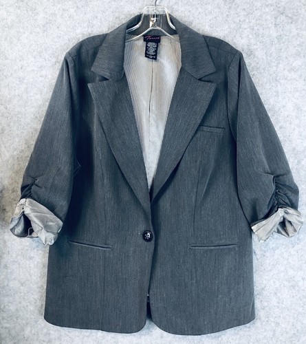 Torrid Blazer Womens Sz 2 Gray 3/4 Ruched Sleeve Stretch Corp Core Office Career