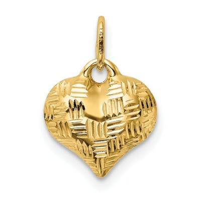 14K Yellow Gold Textured Crossthached Diamond Cut Puffed Heart  Charm 3D 15 x 11
