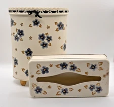 Ransburg Handpainted Metal Trash Can + Tissue Box Violets  Velvet Ribbon 50s VTG