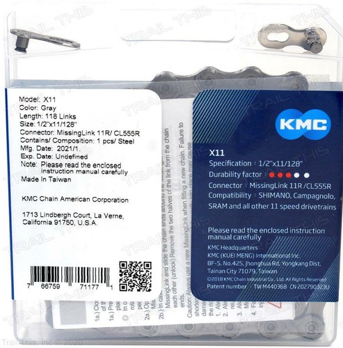 KMC X11 11-Speed 118L Bike Chain Gray Stretch-Proof fits Campy SRAM Shimano - Picture 2 of 5