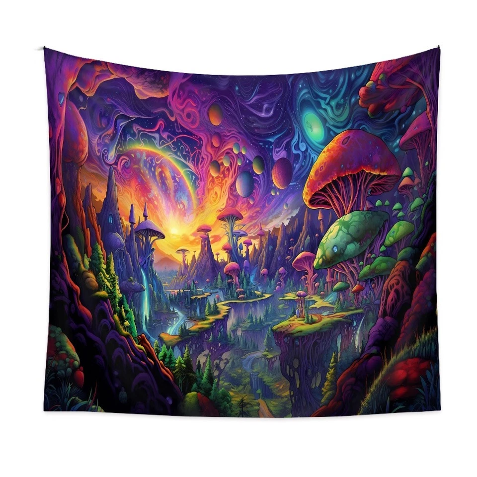 Psychedelic Multicolor Forest Tapestry Neon Mushroom Landscape Wall Hanging - Image 4 of 4