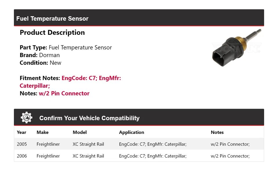 Sensor de temperatura de combustível Freightliner XC Straight Rail Dorman 2005-2006 - Imagem 2 de 4