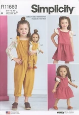 Simplicity R11669 Knit Tops, Overalls & Jumper Sz 3-8 + 18" Doll UNCUT S9661