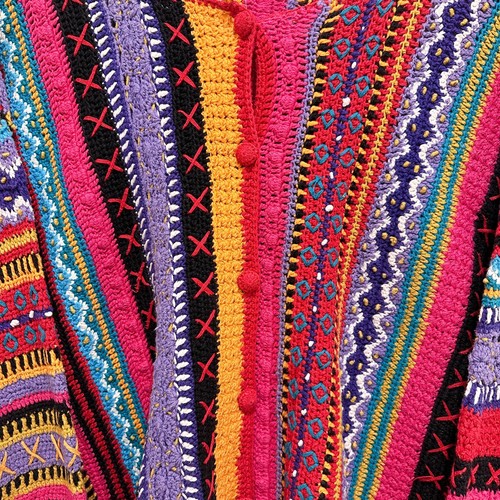 Maglione cardigan medio stile Coogi vintage Grannycore uncinetto arcobaleno colorato aperto - Foto 3 di 9