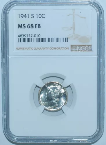 1941 S NGC MS68FB Full Bands Mercury Dime