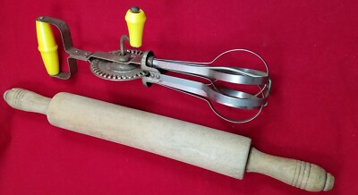 Antique Yellow Handle Blue Whirl Handheld Egg Beater Plus Wooden Rolling Pin