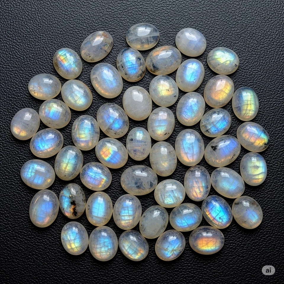 Natural Rainbow Moonstone Oval Cabochon Loose Gemstone Lot 6X8MM - Image 4 of 4