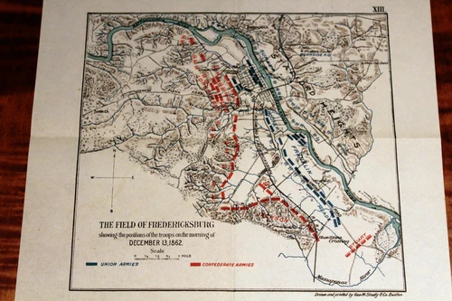 1887 VINTAGE CIVIL WAR MAP-FIELD OF FREDERICKSBURG-ARMY POSITIONS-DECEMBER 1862
