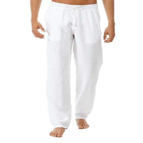 Pantalone casual cotone lino vita elasticizzata ampio estivo uomo tinta unita largo - Foto 7 di 7