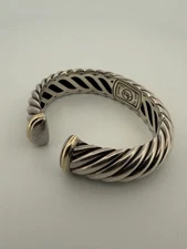 David Yurman Sterling Silver & 18k Gold Hinged Sculpted Cable Cuff 15mm Bracelet