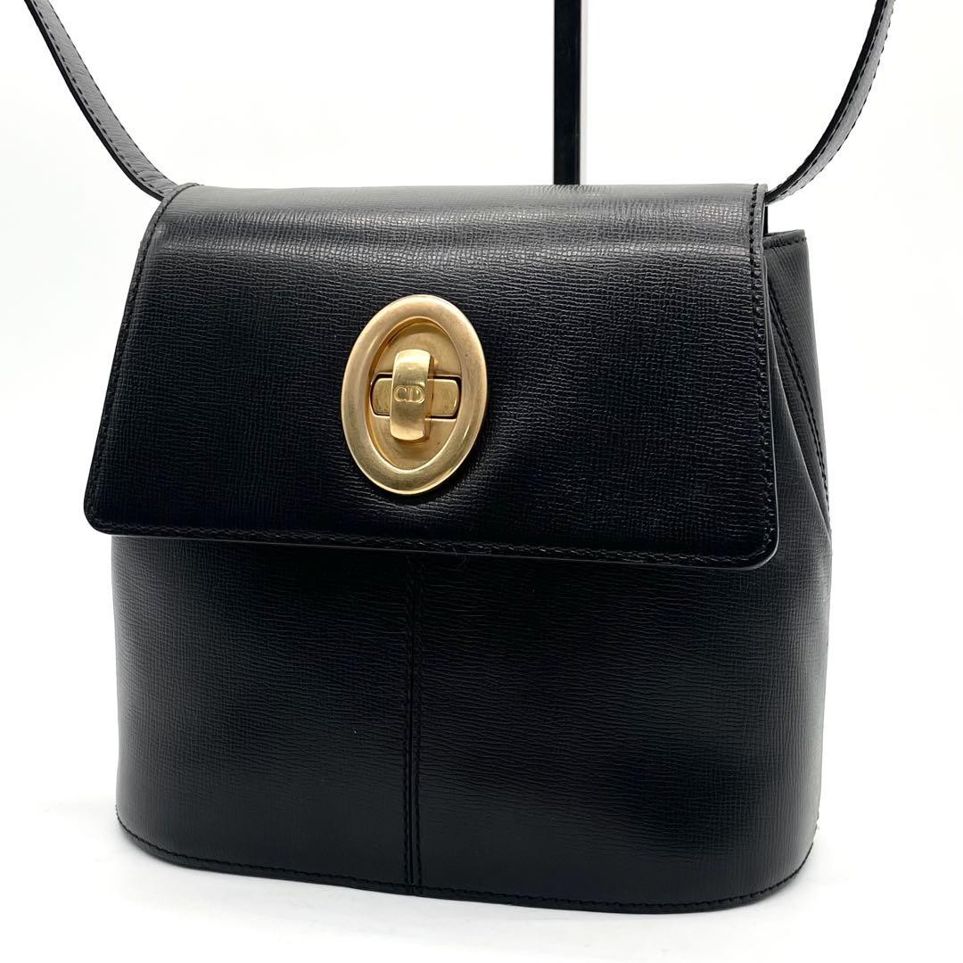 Vintage Christian Dior Black Leather Shoulder Bag with Turn Lock and CD Logo