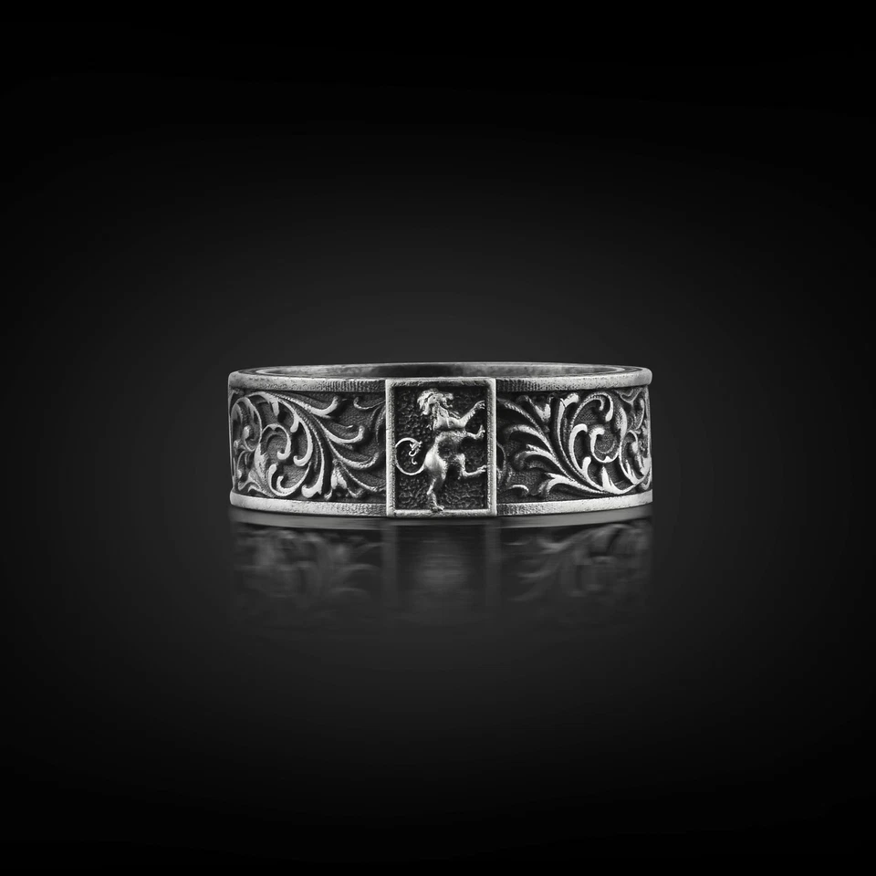 Bague bande lion rampante en argent sterling oxydé lion zodiaque hommes bijou... - Photo 2/4