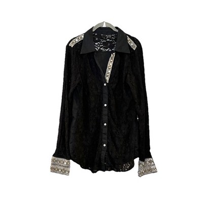 BKE Boutique Black Lace  Semi Sheer Mesh Beaded Embellished Grunge Y2K Top XL
