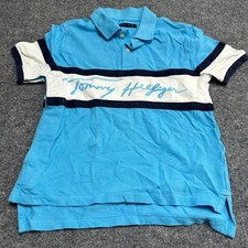 Tommy Hilfiger Polo Boys Size M Light Blue Stripe Script Logo Cotton Casual