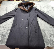 Donnybrook Women s 100 Wool Coat 12 Black Faux Fur Trim Hood Vintage Double Bre