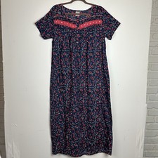 100 Cotton Nightgown Maxi Navy Red Floral Granny Cottage Classic Prairie Boho L