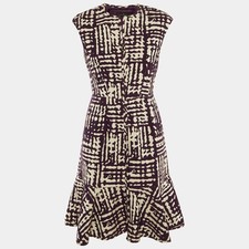 CH Carolina Herrera Purple White Patterned Knit Flounced Hem Short Dress S