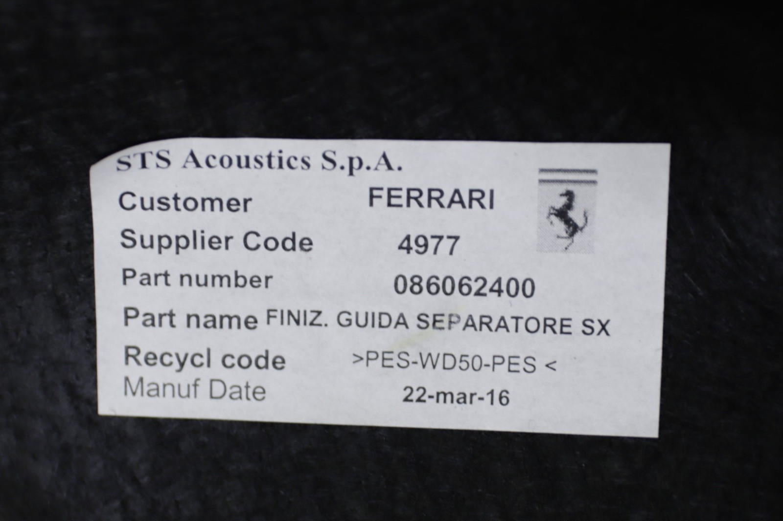 Ferrari California T Rear Left & Right Trunk Carpet Set 2015 - 2018 OEM