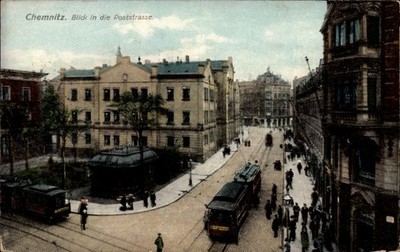 Postcard Chemnitz in Saxony, view in the Poststraße with tram - 5061032