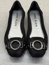 Ann Klein sport metallic black and patent slip on flat with silver buckle detail