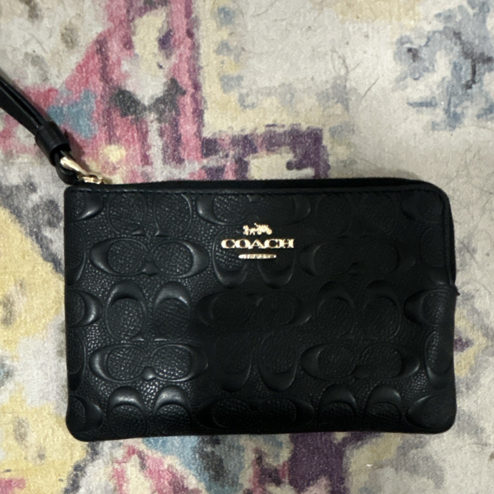 Coach Black Embossed Logo Wristlet with Gold Hardware and Wrist Strap