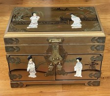 Vtg Chinese Asian Lacquer Jewelry Box Geisha Girls Multi Drawer Large 14"x10"x9”